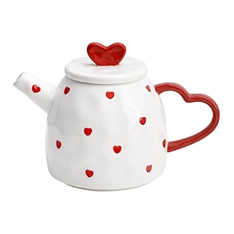 Gaolinci Red Heart Ceramic Teapot, 21 Oz Watter Pot, Flower Teapot Cover