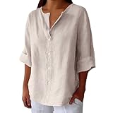 Leinenshirt Damen Sommer, Shirt V Ausschnitt Damen, Leinenbluse Oberteile Bluse 3/4 Arm Leicht Und Luftig Locker Basic Sommer Baumwolle Leinen Tunika Sommerbluse Elegante Tops Strandbluse Leinenshirt