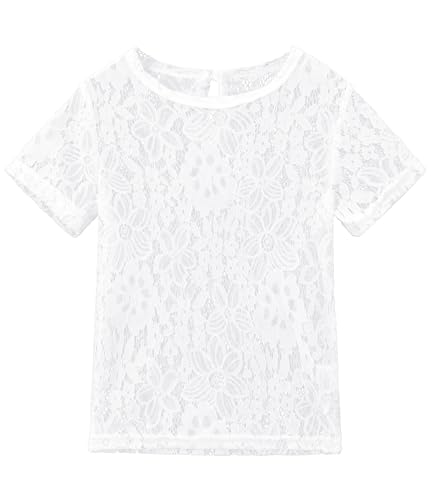 Image of Noomelfish Girls Lace Short Sleeve Layering Tops Sheer Mesh Tee Shirts Blouse (5-12 Years)