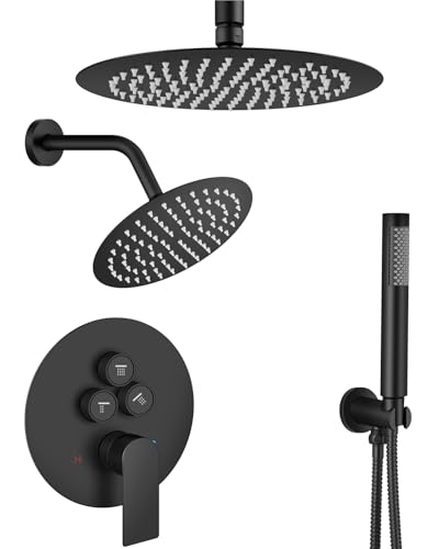 Sistema de Ducha Aolemi con Doble Cabezal 12 y 6 Pulgadas Negro Mate | con Pulverizador de Mano, Válvula y Kit de Recorte, Diverter Botón Presión, Cabezal Superior 12"+ Pared 6" Redondo Lluvia, Baño miniatura 1