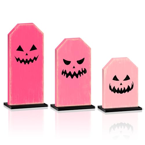 Decoración rosa de Halloween de madera para bandeja escalonada set de 3 piezas letreros de mesa