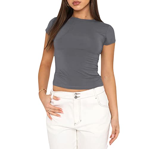 Damen Basic Kurzarm Crop Top Casual Y2K Rundhalsausschnitt Tops Slim Fit Tshirts Influencer Top Shirt(Grau-012,M)