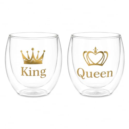 Image of Giftana King & Queen Glass Set of 2 | Romantic Couple Glasses for Wedding, Anniversary, Engagement & Valentine's Day | Elegant Gift for Husband Wife, Boyfriend, Girlfriend