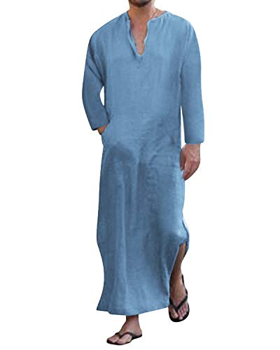 JacansiMen's V-neck Short Sleeve Robe Side Split Kaftan Cotton Long Gown Thobe S-3XL