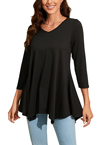 Enmain Camiseta Negra Mujer Manga Larga Blusas Elegantes Mangas de 3/4 Top Túnica Cuello en V Talla Grande Tops para Leggings T Shirts de Mujeres,Negro,3XL