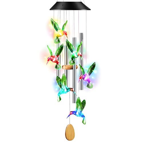 38” Hummingbird Aluminum Tube Solar Light LED Wind Chime for Outside, Weather Resistant Decoration...