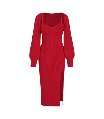 CIDER 2 Piece Sweater Dresses for Women Winter Slit Long Sleeve Womens Midi  Dress Pullover Bodycon Wedding Guest Outfits Red at Amazon Women's Clothing  store