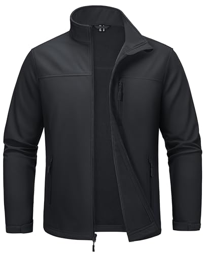 MAGCOMSEN Men's Lightweight Jackets Waterproof Warm Fleece Lined Soft Shell Jackets Full Zip Winter Work Tactical Windbreaker Black L