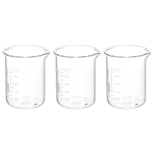 PATIKIL 3uds 100ml Bajo Forma Vidrio Precipitados Vaso, 3.3 Borosilicato Vidrio Graduado Impreso Escala Medición Vasos con Caño para Cocina Laboratorio Líquidos