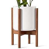 LE TAUCI 12 Inch Plant Pot with Acacia Wood Stand, Large Ceramic Planter for Indoor Plants, Mid-Century Modern Home Decor, Round Flower Pot with Drainage Hole and Plant Stand, White