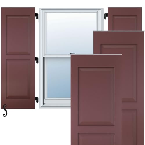 18"W x 70"H Americraft Two Equal Raised Panel Exterior Real Wood Shutters (Per Pair), Wine Red