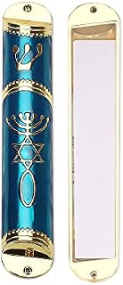 BRTAGG Mezuzah Case with Double Sided Tape, 14cm Tall, Blue & Gold, Easy Peel and Stick Mezuzah Cover (for 10cm Scroll)