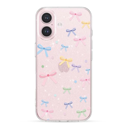Coque à paillettes pour iPhone 16 souple et antichoc avec son joli nœud papillon rose