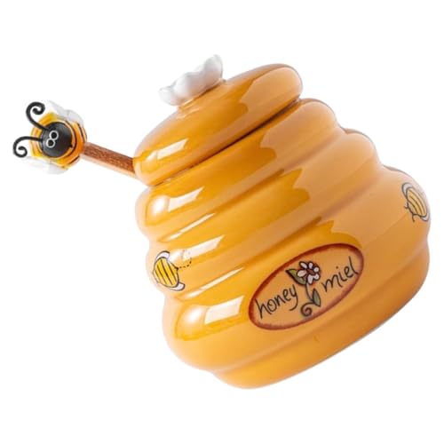 NAMOARLY Ceramic Honey Storage Jar Wooden Dipper Honey Dispenser Pot for Kitchen