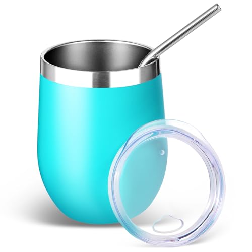 Volhoply 12oz Stainless Steel Wine Tumbler with Lid and Straw,Double Wall Vacuum Insulated Stemless Wine Glasses,Reusable Travel Coffee Mug for Cold Drinks,Small Tumblers Gifts for Women（Green,1 Set）