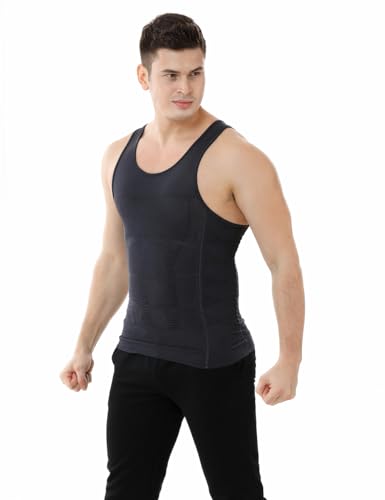 TopTie Men's Slimming Body Shaper Compression Shirt, Shapewear Sculpting Vest Muscle Tank-Gray-M