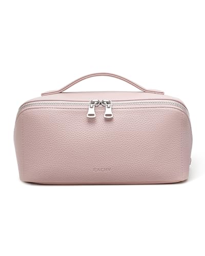 Image of EACHY Travel Makeup Bag, Lychee Large Capacity Cosmetic Bag for Women, Open Flat Toiletry Bag with TPU Brush Compartment, Waterproof Skincare Organizer Travel Essentials (AI-Ash Pink, Medium)