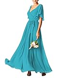 KURFACE Vestidos de dama de honor de boda para mujer, manga corta, vestidos largos de gasa con bolsillos, aguamarina, 48