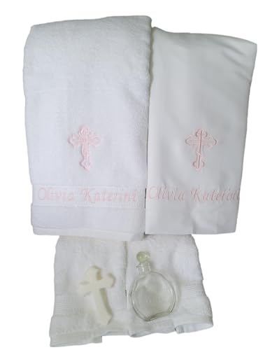 Personalized White Baptism Towels for Greek Orthodox Baptism and Oil Sheet Embroidered