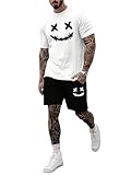 WDIRARA Men's 2 Piece Short Sets Graphic Print Short Sleeve T Shirts and Drawstring Shorts Clothing Set Black and White Medium