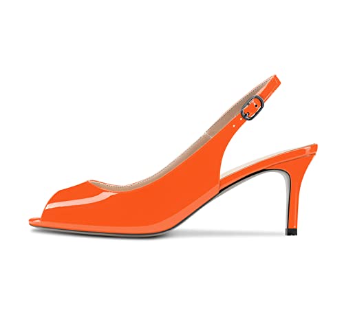 NobleOnly Femmes Aiguille Mi Talon Heel Ouvert Bout Sandales Slingback Lanières Cheville Mariage Bureau Escarpins 6.5 CM Heels Chaussures Orange 38 EU