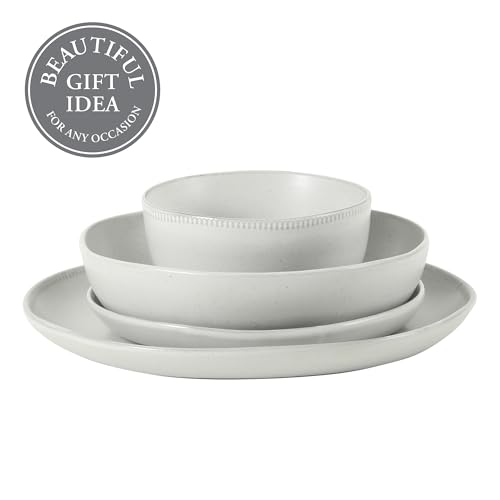 Image of Gibson Elite Menlo Park 16-Piece Pottery Clay Stoneware Dinnerware Set - White Reactive Glaze, Embossed Plates and Bowls W /Pasta Bowl, Service for 4 - Microwave & Dishwasher Safe