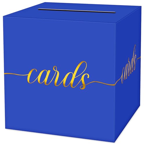 Image of 1 Pack Blue and Gold Foil Card Box for Party, 8.7 inch Blue Gift Card Box Money Box for Birthday, Wedding, Baby Shower, Retirement, Anniversary, Bridal Shower, Raffle Ticket