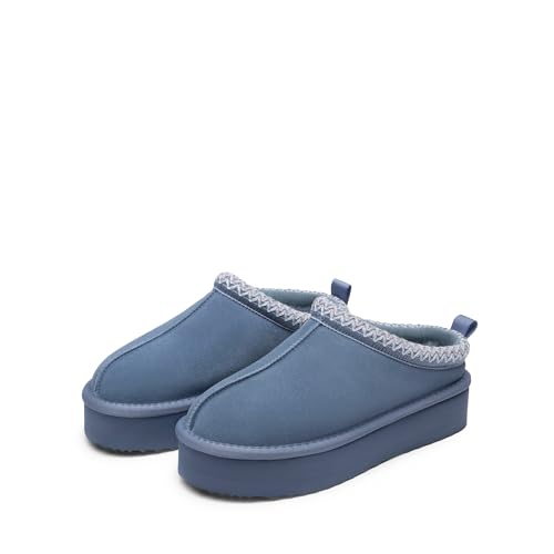 DREAM PAIRS Women's Slippers for Women Genuine Suede Platform Slip-on Warm Slippers Winter Fluffy Warm Comfy Furry Shoes for Outdoor Indoor FuzzyEasy,Size 5,Dark Blue