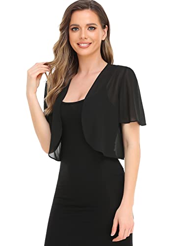 Women Shrug Soft Chiffon Open Front Sheer Short Sleeve Cardigans For Evening Dress(Black,M) #TOP1