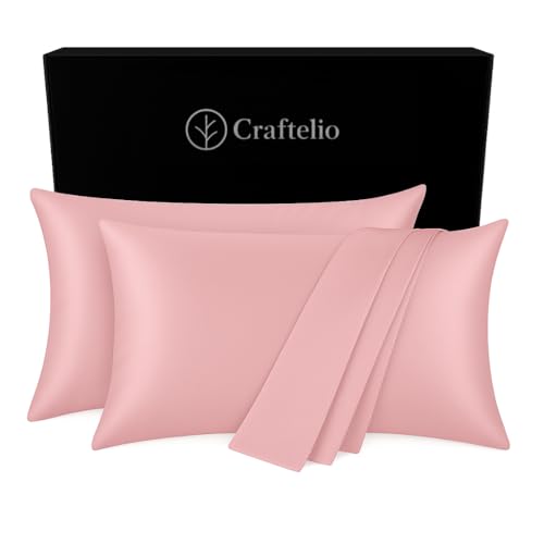 Image of Craftelio Satin Pillow Covers Set of 2 with 3 Free Random Color Scrunchies - Luxurious, Soft & Smooth Cushion Cases for Skin and Hair Care (Pink)
