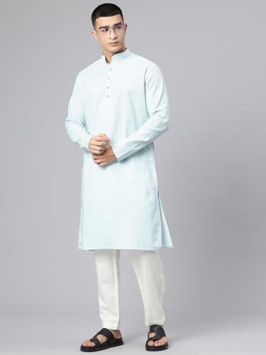 Image of Majestic Man Men's Cotton Regular Fit Casual Mandarin Collar Ethnic Motifs Solid Long Kurta