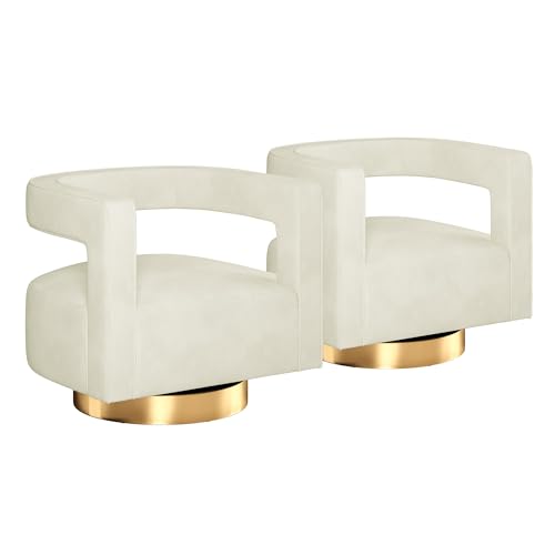 Image of BELLEZE Swivel Barrel Accent Chair Set of 2, Modern Upholstered Arm Comfy Velvet Curved Back Round Chair with Gold Base Wood Frame, 360 Degree for Living Room Bedroom Office,Ivory