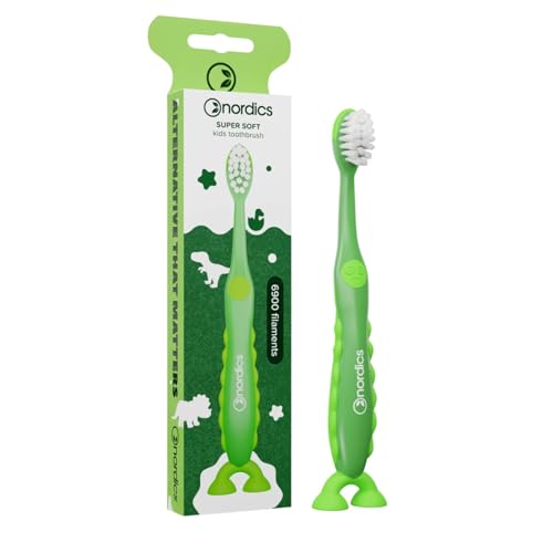 Cepillo de dientes ecológico Kids 2+, 6.900 cerdas, supersuave, con ventosa, vegano, dinosaurio, Nordics (verde, 1 unidad)