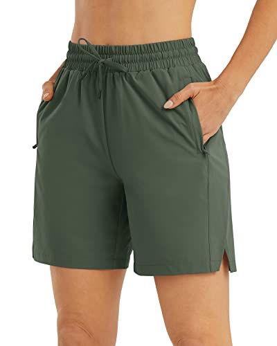 Promover Womens Hiking Shorts Drawstring 7 Inch Inseam Shorts For Athletic Camping Golf Travel With Pockets (Army Green, L) #TOP22