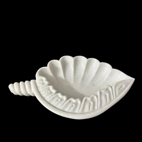 Image of Marble Urli Bowl for Decoration | Big Potpourri Decorative Bowls in Home decor | Large White Floating Flower Plates of Stone | Small Shape puja Item | (14 inch, Shankh)