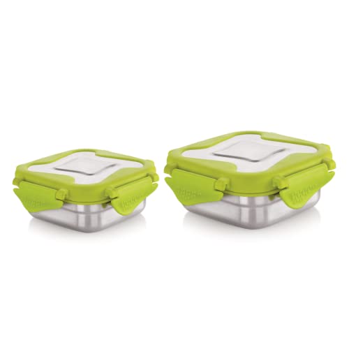 Image of STEELLOCK Smart Stainless Steel Tiffin Lunch Box Set for Kids and Adults - Airtight Leakproof Square Containers with Steel Lids - Green 250ml & 360ml - School & Office