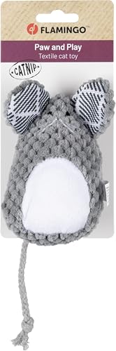 Jouet pour Chat - Flamingo Mazzo Souris Grise en Peluche avec Catnip et Velours Côtelé 11,3cm