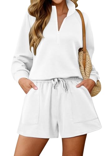 KISSMODA Two Piece Sets for Women Sweatsuit Half Zip Sweatshirts Casual Tracksuits Long Sleeve Pullover Tops and Shorts 2025 Lounge Outfits White Medium