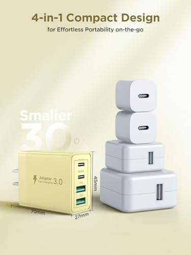 USB C Charger Block, 40W 4-Port Fast Charger 20W Type C Charging Block 3.1A USB Wall Charger Dual Port PD+QC Charging Cube for iPhone 16 15 14 13 12 Pro Max XS, iPad, Samsung Phone (Yellow) - 4