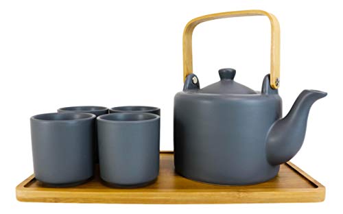 Ebros Gift Contemporary Matte Stoneware Double Walled 28 Fl Oz Tea Pot With 4 Matching Cups And Stylish Bamboo Serving Tray As Kitchen Dining Home Decor Novelty Teapot Sets (Pastel Grey Black) #TOP2