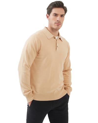 Image of Kallspin Mens 100% Cotton Polo Sweater Long Sleeve Button Down Knit Pullover Relaxed Fit Collared Casual Tops