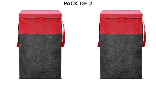 Image of 75L Non Woven Printed Rectangular Foldable Laundry Bag | Clothes Storage Organiser With Lid And Side Handle | Utility Basket For Bedroom Hostel Space Saving Design | Red & Black