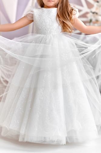 MCieloLuno Flower Girl Dresses for Wedding Bow-Knot Long Lace Tulle Princess First Communion Dresses for Kids Gilrs4