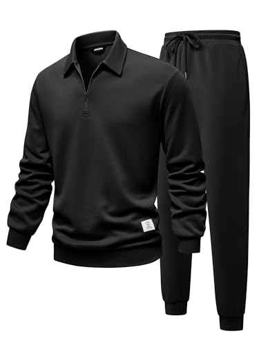 JMIERR Mens Loungewear Sets 2 Piece Outfits Long Sleeve Quarter Zipper Polo Shirt & Joggers Sweatpants with Pockets Fall Tracksuit Sweatsuits, Black, M