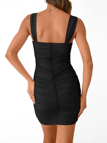 Trendy Queen Womens Mini Mesh Square Neck Fitted Going Out Ruched Dresses Summer Party Club Bodycon Short Dress4