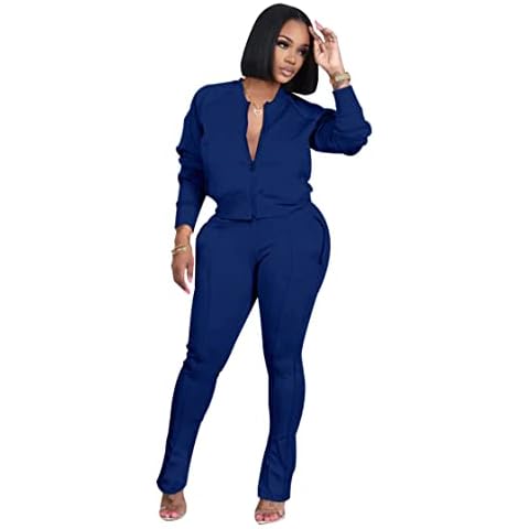 TOPSRANI Women Two Piece Outfits Casual Sweatsuits Bodycon Tracksuit Solid Sweat Suit Zip Crop Jacket Matching Pants Set Baseball Blue L Cover