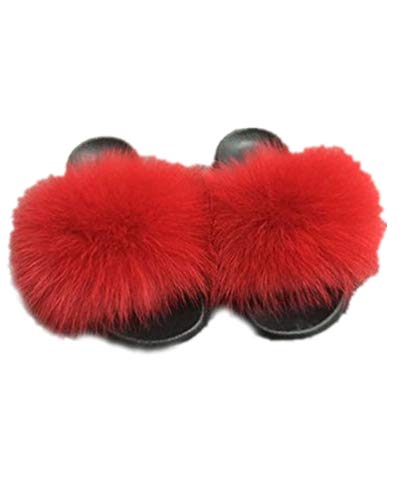 LVCOMEFF Women Real Fox Fur Sandals Slides Black Red Color Slippers Summer Fluffy