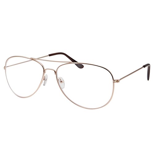 grinderPUNCH Kids Size Non-Prescription Gold Aviator Glasses Clear Lens Oversized (Age 6-12)