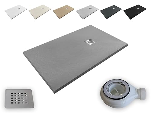 Plato de Ducha Resina Aligerado Extraplano Aligeres® -Todas las medidas disponibles -Antideslizante Textura Pizarra - Incluye Válvula desagüe+Rejilla (GRIS RAL 7037, 70x90)