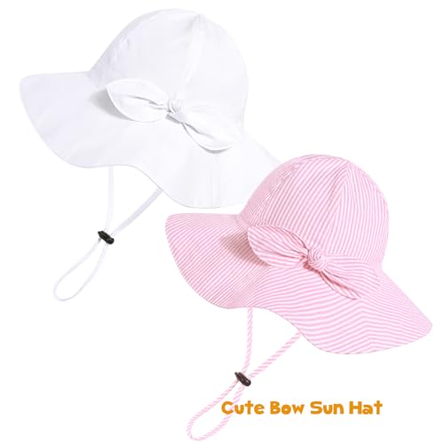 Baby Girl Sun Hat with UPF 50+ Outdoor Adjustable Beach Hat with Wide Brim Bucket Hats (6-12 Months,White & Pink-Stripe 2pcs)